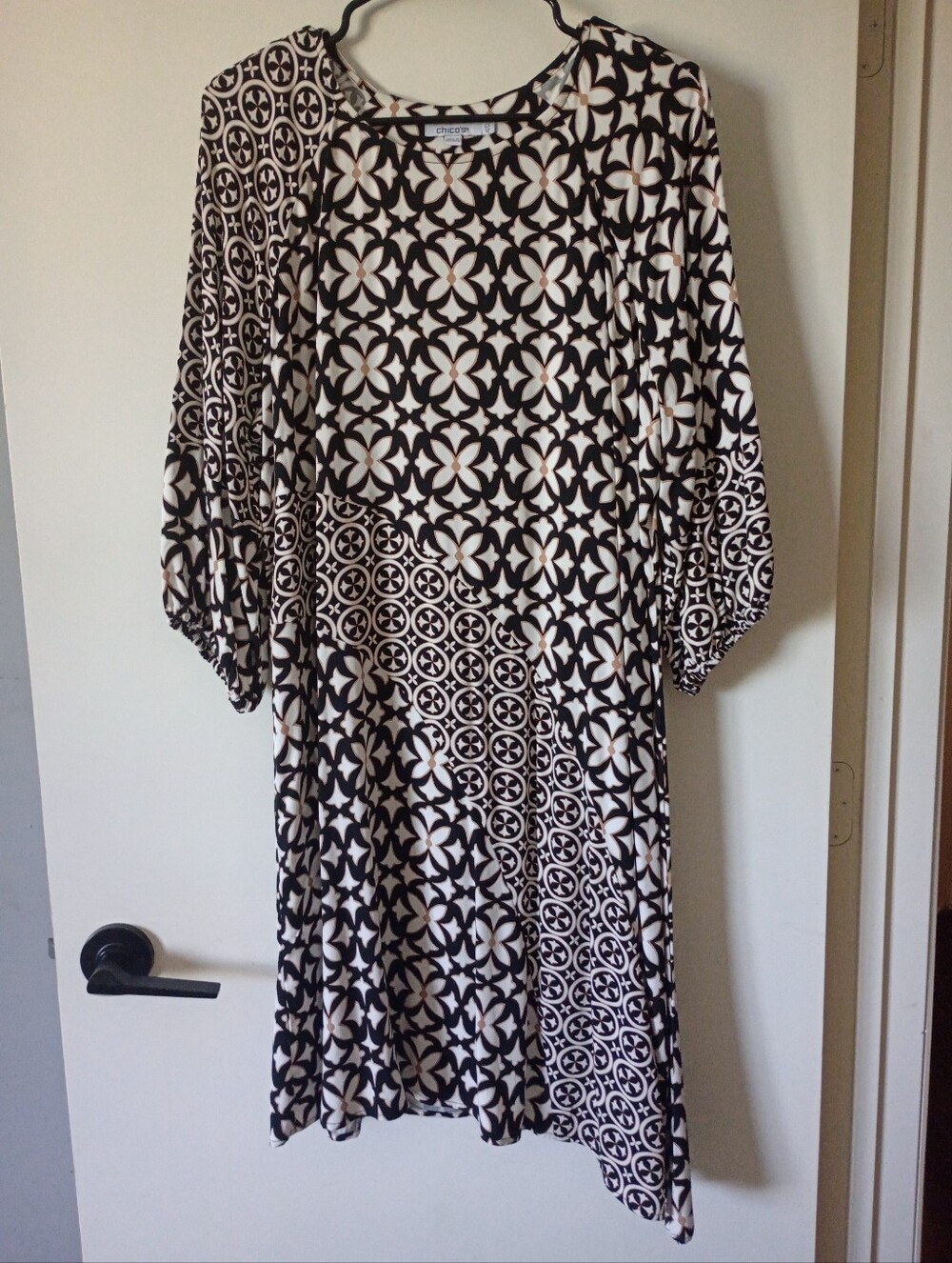 Chico's Black & Cream Patterned Asymmetrical Dress Size 14